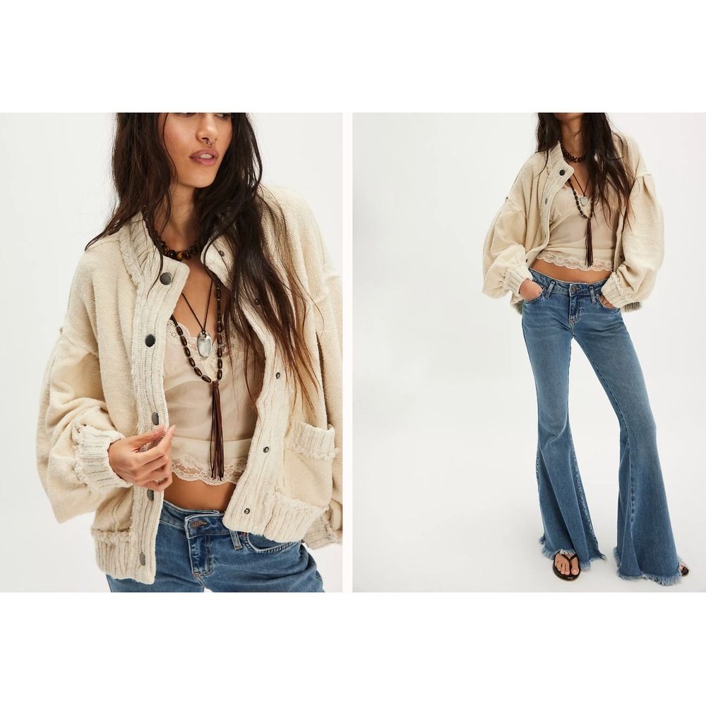 Free People Cream Ribbed Button-Up Cardigan Jacket